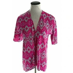  LuLaRoe Womens Pink Gray Geometric Print Open Front Blouse Short Sleeve Top XS